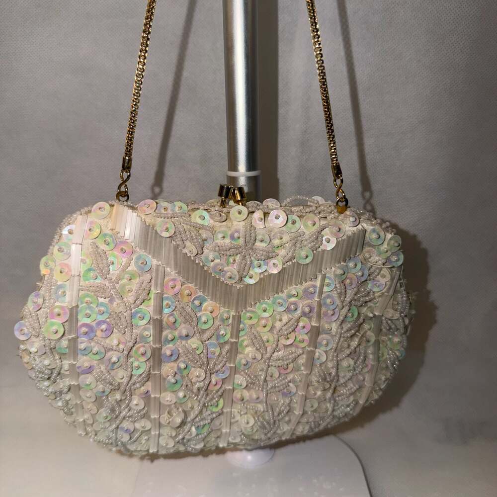 Vintage Hand Made In Hong Kong Ivory Satin Beaded Sequin Evening Bag